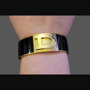 C.Wonder Initial D Gold Tone Black Enamel Hinged Bangle Bracelet 7"